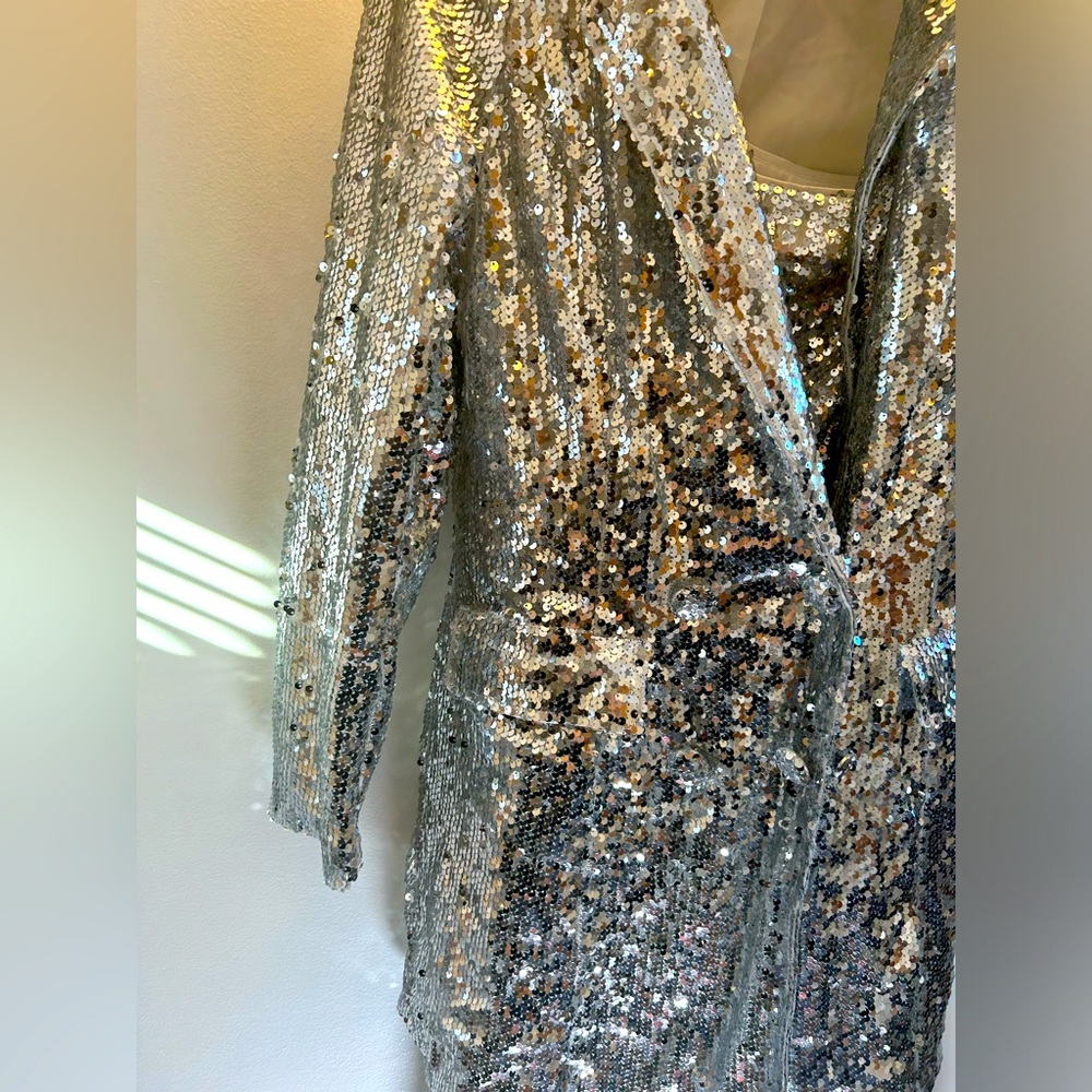 Ivory Sequin Blazer and Pantsuit BOOHOO Plunge Front Jacket and Side Zip Pants